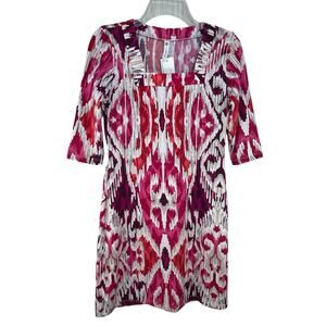 Jean Pierre Ikat Print Dress Pink Red Boho Ethnic SZ M Work Career Professional